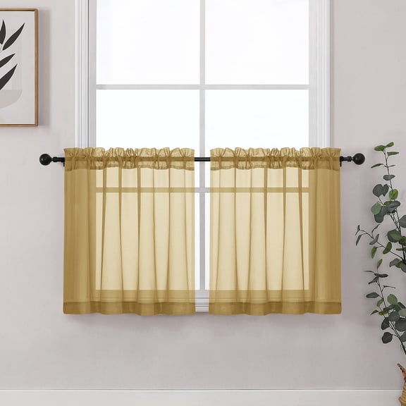 Chyhomenyc Gold Sheer Kitchen Curtains 24 Inch Length, Light Filtering Short Half Window Curtains for Bathroom Basement, Small Rod Pocket Cafe Door Voile Sheer Curtains, Each 42"W x 24"L, 2PCS
