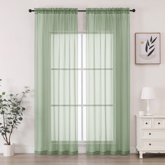 Chyhomenyc Sage Green Sheer Kitchen Curtains 36 Inch Length, Light Filtering Short Half Window Curtains for Bathroom Basement, Small Rod Pocket Cafe Door Voile Sheer Curtains, Each 42"W x 36"L, 2PCS