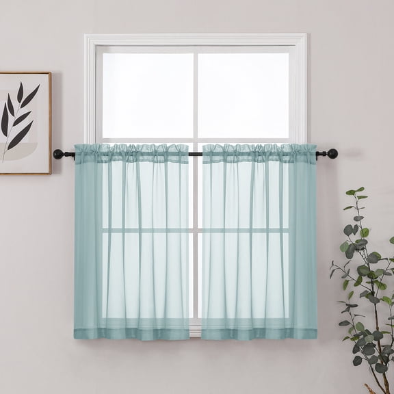 Chyhomenyc Sky Blue Sheer Kitchen Curtains 36 Inch Length, Light Filtering Short Half Window Curtains for Bathroom Basement, Small Rod Pocket Cafe Door Voile Sheer Curtains, Each 42"W x 36"L, 2PCS