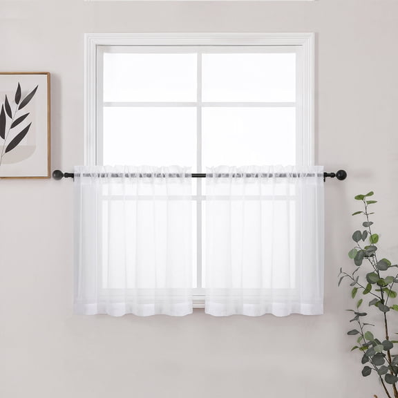 Chyhomenyc White Sheer Kitchen Curtains 24 Inch Length, Light Filtering Short Half Window Curtains for Bathroom Basement, Small Rod Pocket Cafe Door Voile Sheer Curtains, Each 42"W x 24"L, 2PCS