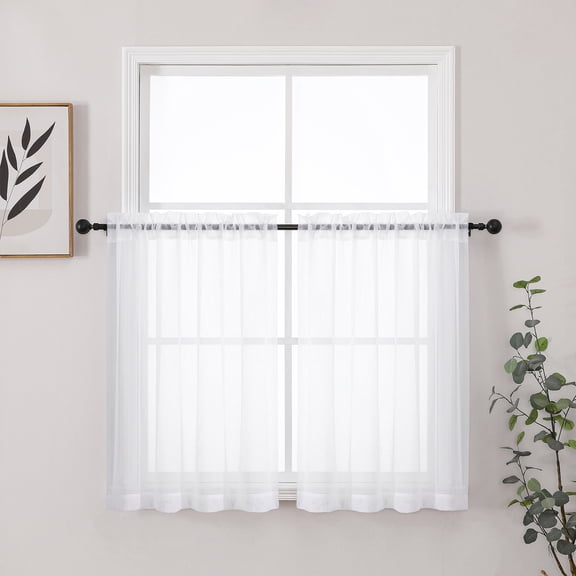 Chyhomenyc White Sheer Kitchen Curtains 36 Inch Length, Light Filtering Short Half Window Curtains for Bathroom Basement, Small Rod Pocket Cafe Door Voile Sheer Curtains, Each 42"W x 36"L, 2PCS