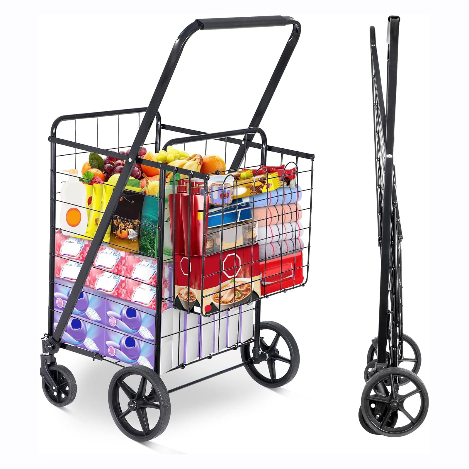 WM Folding Shopping Cart with Wheels and Double Basket,for Shopping
