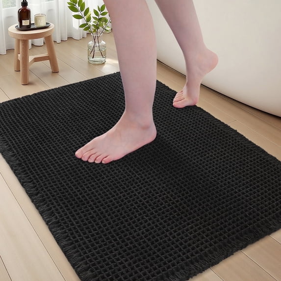 SIXHOME Bathroom Rugs Waffle Bath Rug Super Soft Absorbent Non Slip Bath Mat Beside Tub Rubber Backed Machine Washable Bathroom Rugs with Tassels Boho Bathroom Decor 17" x 24" Black