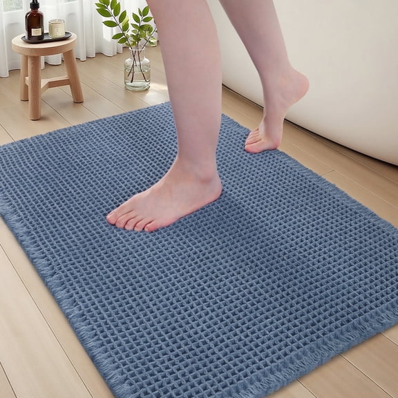 SIXHOME Bathroom Rugs Waffle Bath Rug Super Soft Absorbent Non Slip Bath Mat Beside Tub Rubber Backed Machine Washable Bathroom Rugs with Tassels Boho Bathroom Decor 17" x 24" Blue
