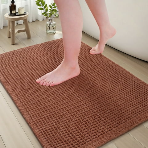 SIXHOME Bathroom Rugs Waffle Bath Rug Super Soft Absorbent Non Slip Bath Mat Beside Tub Rubber Backed Machine Washable Bathroom Rugs with Tassels Boho Bathroom Decor 17" x 24" Orange