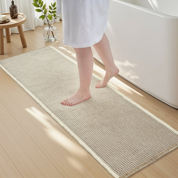 SIXHOME Bathroom Rugs Waffle Bathroom Runner 2' x 4' Super Soft Absorbent Non Slip Bath Mat Beside Tub Rubber Backed Machine Washable Bathroom Rugs with Tassels Boho Bathroom Decor Beige