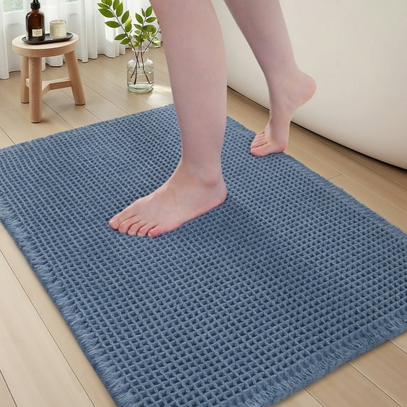 SIXHOME Bathroom Rugs Waffle Bath Rug Super Soft Absorbent Non Slip Bath Mat Beside Tub Rubber Backed Machine Washable Bathroom Rugs with Tassels Boho Bathroom Decor 24" x 36" Blue