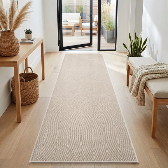 FEELHOME Door Mats for Inside 2'x8' Non Slip Rubber Welcome Mat for Inside Low-Profile Dirt Trapper Indoor Door Mats for Entryway Absorbent Washable Entry Rug Floor Mats Modern Herringbone Beige
