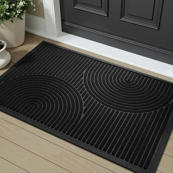 FEELHOME Outdoor Mat 17"x30" Non Slip Front Door Mat Outside Absorbent Rubber Welcome Mat Low Profile Dirt Trapper Indoor Outdoor Doormat Boho Arch Door Mat Outside Thick Entryway Rug Black