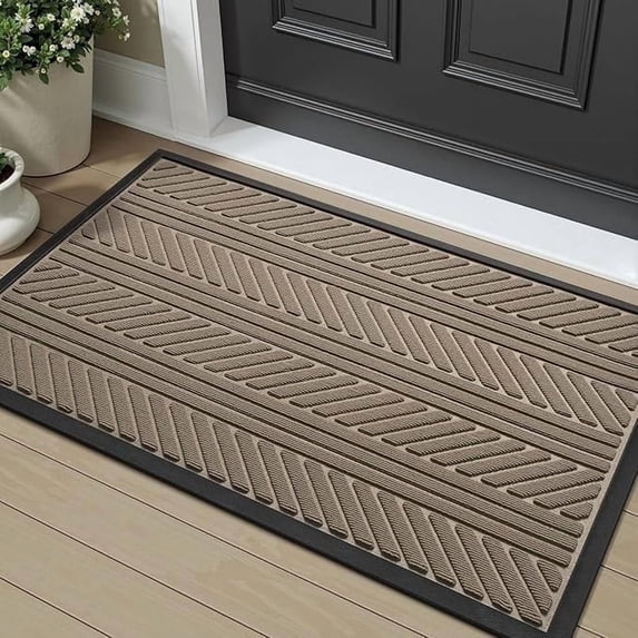 FEELHOME Outdoor Mat 24"x35" Non Slip Front Door Mat Outside Absorbent Rubber Welcome Mat Low Profile Dirt Trapper Indoor Outdoor Doormat Boho Geometric Door Mat Outside Thick Entryway Rug Beige