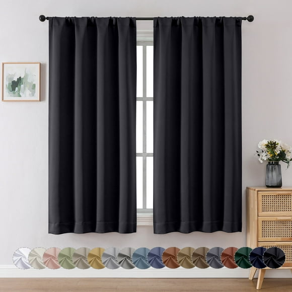 OVZME Black Blackout Window Curtains 63 inch Length for Bedroom, Thermal Insulated with Rod Pocket, Room Darkening Curtain Drapes for Living Room, W40 x L63 inch, Set of 2 Panels, Black