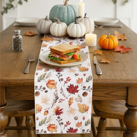 OVZME Bella Fall Leaves Table Runner for Kitchen Dining Table, Thanksgiving Autumn Printed Harvest Pumpkins Maple Leaves for Halloween Holiday Home Decorations, Water-Proof, Washable, 13" W x 36" L