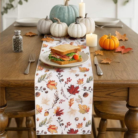 OVZME Bella Fall Leaves Table Runner for Kitchen Dining Table, Thanksgiving Autumn Printed Harvest Pumpkins Maple Leaves for Halloween Holiday Home Decorations, Water-Proof, Washable, 13" W x 36" L