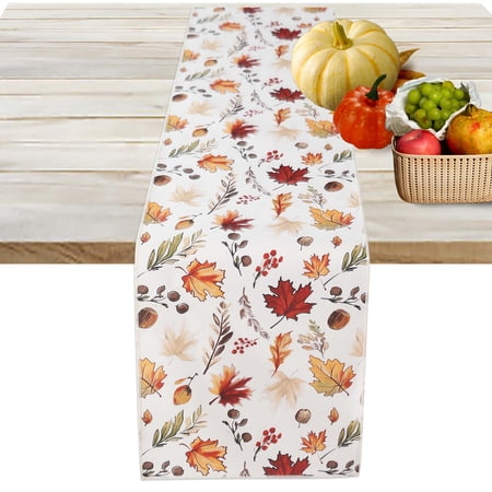 OVZME Bella Fall Leaves Table Runner for Kitchen Dining Table, Thanksgiving Autumn Printed Harvest Pumpkins Maple Leaves for Halloween Holiday Home Decorations, Water-Proof, Washable, 13" W x 120" L