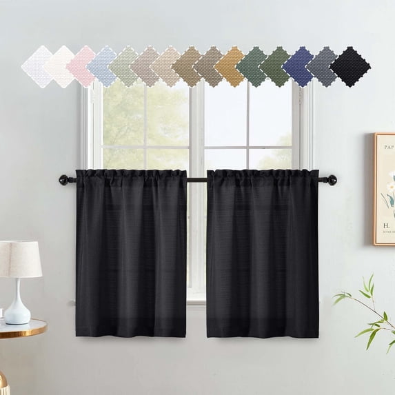 OVZME Bethany 2 Panels Small Cafe Curtains 30 Inch Length, Faux Linen Textured Half Window Curtains for Kitchen Bathroom Farmhouse Country, Light Filtering Black Short Curtains, Each 30"Wx30"L BLACK