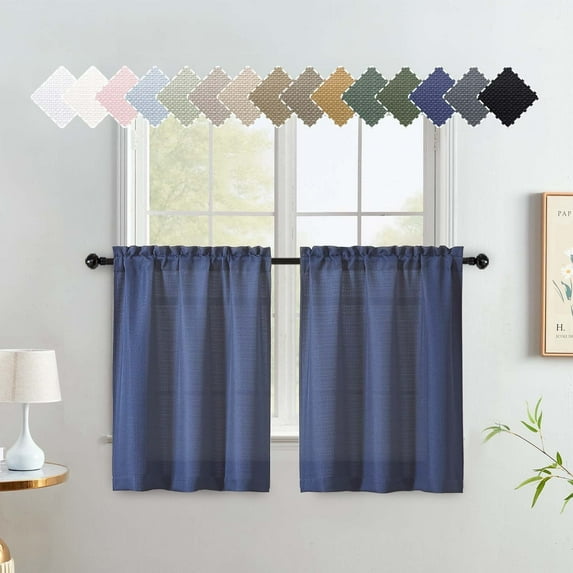 OVZME Bethany 2 Panels Small Cafe Curtains 30 Inch Length, Faux Linen Textured Half Window Curtains for Kitchen Bathroom Farmhouse Country, Light Filtering Blue Short Curtains, Each 30"Wx30"L BLUE