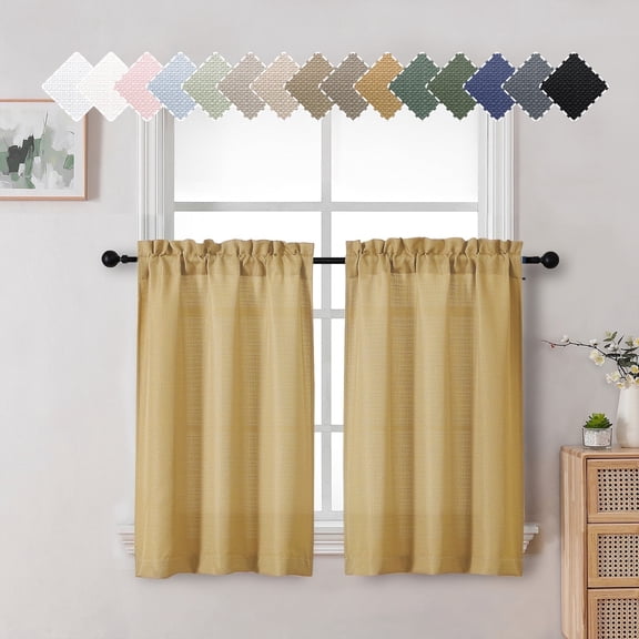 OVZME Bethany Gold Small Curtains Tier 36 Inch Length 2 Panels, Light Filtering Faux Linen Solid Textured Short Curtains for Living Room Bedroom Kitchen with Rod Pocket,30Wx36L Inch, Set of 2, Gold
