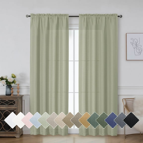 OVZME Bethany Light Green Light Filtering Curtains 63 Inch Length 2 Panels, Farmhouse Faux Linen Textured Window Sheers Drapes for Bedroom Living Room, Each 40"Wx63"L Inch Light Green