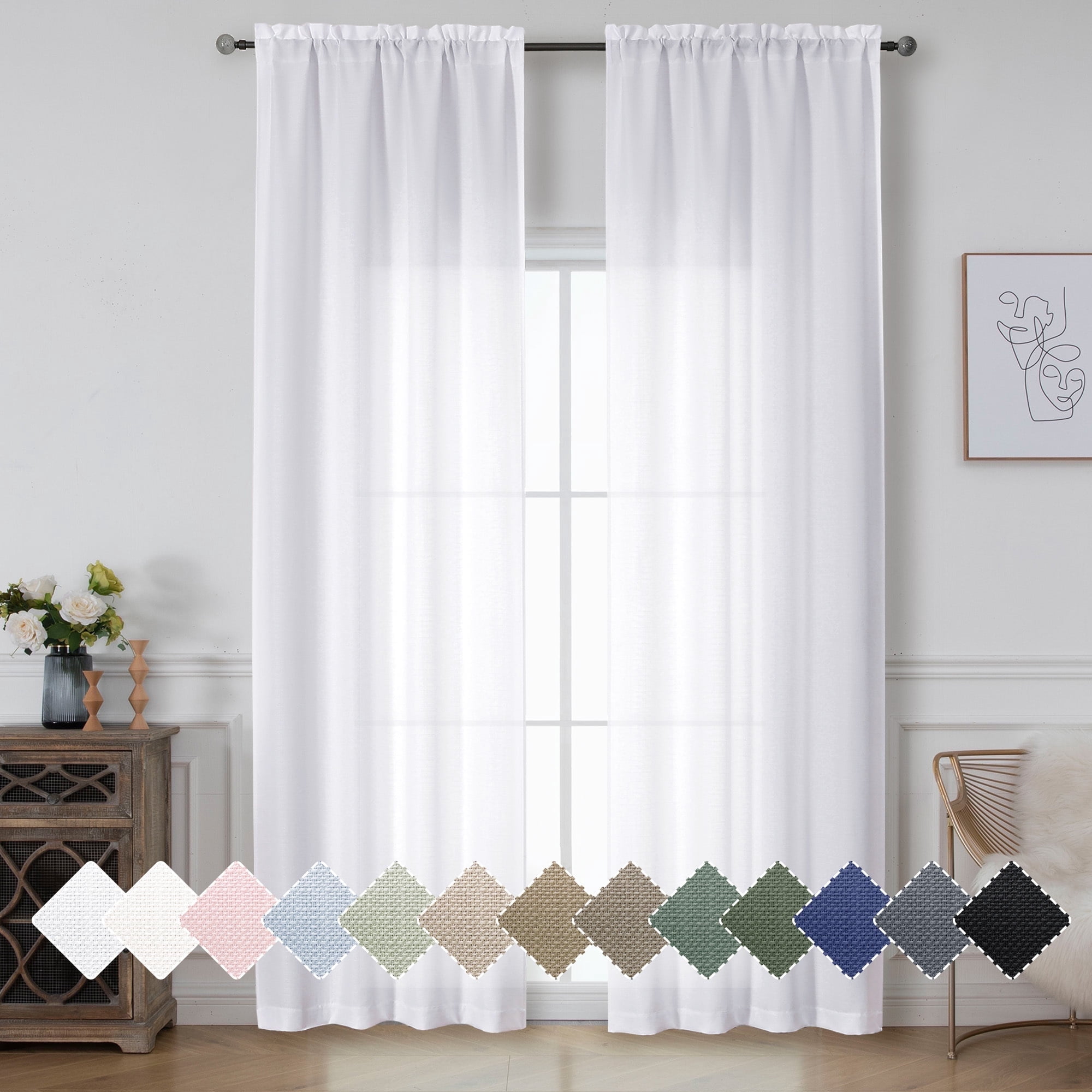 OVZME Bethany White Curtains 96 Inch Length 2 Panels Set, Faux Linen Extra Wide Textured Semi Light Filtering Soft Airy Farmhouse Curtain Drapes for Living Room Bedroom, 50Wx96L, White