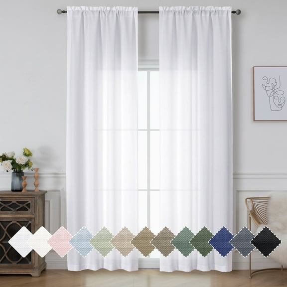 OVZME Bethany White Curtains 96 Inch Length 2 Panels Set, Faux Linen Extra Wide Textured Semi Light Filtering Soft Airy Farmhouse Curtain Drapes for Living Room Bedroom, 50Wx96L, White