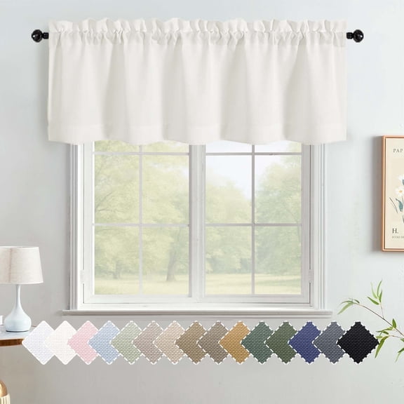 OVZME Bethany Moon Beige Valance for Windows, Faux Linen Slub Textured Short Kitchen Window Valance for Living Room Bathroom Cafe Laundry Basement, 60Wx18L inch, Beige 1 Panel