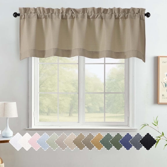 OVZME Bethany Camel Valance for Small Windows, Faux Linen Slub Textured Short Kitchen Window Valance for Living Room Bathroom Cafe Laundry Basement, 60Wx18L inch, Camel 1 Panel