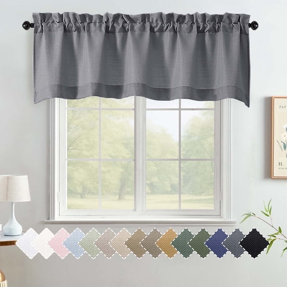 OVZME Bethany Grey Valance for Small Windows, Faux Linen Slub Textured Short Kitchen Window Valance for Living Room Bathroom Cafe Laundry Basement, 60Wx18L inch, Gray 1 Panel