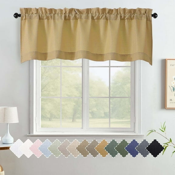 OVZME Bethany Gold Valance for Small Windows, Faux Linen Slub Textured Short Kitchen Window Valance for Living Room Bathroom Cafe Laundry Basement, 60Wx18L inch, Gold 1 Panel