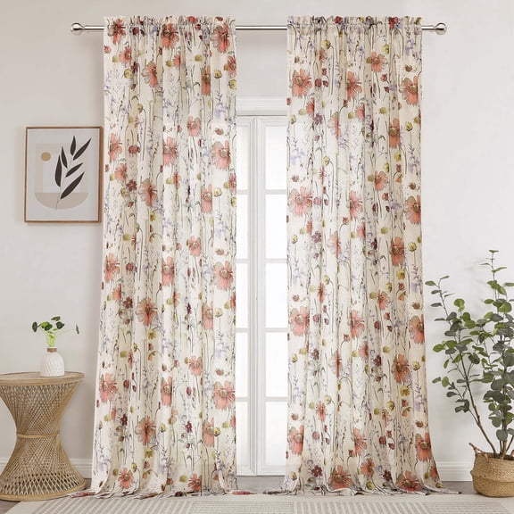 OVZME Printed Sheer Curtains 120 Inch Long 2 Panels, Floral Print Light Filtering Drapes, Crushed Textured Rod Pocket Curtains for Living Room Bedroom, 51"W x 120“ L Each