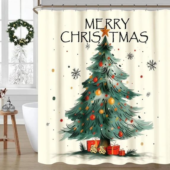 OVZME Christmas Tree Snowflake Bathroom Shower Curtain for Xmas and New Year Holiday, Waterproof Polyester Fabric 72x72 Inch