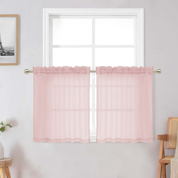OVZME Blush Pink Sheer Kitchen Curtains Tiers 24 Inches 2 Pieces, Light Filtering Textured Crushed Solid Short Bathroom Living Room Cafe Basement Voile Window Curtains with Rod Pocket, 42W x 24L inch