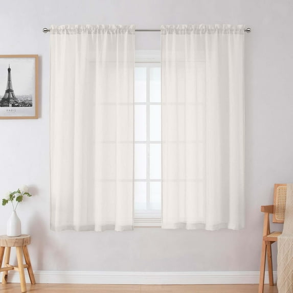 OVZME Ivory Crushed Sheer Curtians 54 inch Long for Bedroom Living Room 2 Panels Set, Solid Voile Door Curtain with Top Rod Pocket Lightweight Soft Texture Window Treatments, 42Wx54L inch