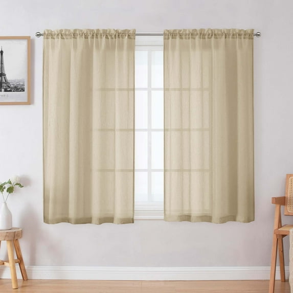 OVZME Taupe Crushed Sheer Curtains 45 inch Length 2 Panels, Elegant Crushed Solid Curtains for Nursery/Bedroom/Living Room, Top Rod Pocket Airy Breathable Farmhouse Decor, Each 42Wx45L inch, Taupe