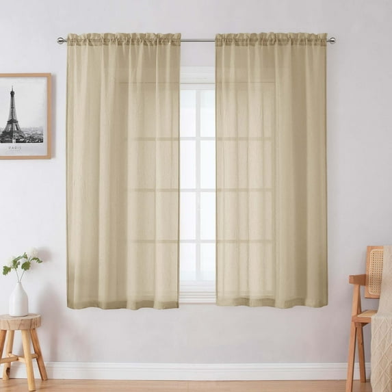 OVZME Taupe Sheer Curtains 54 inch Long 2 Panles Set, Top Rod Pocket Lightweight Texture Semi Sheer Curtains Balance Light Short Curtains for Bedroom/Living Room Kitchen Window, Each 42Wx54L inch