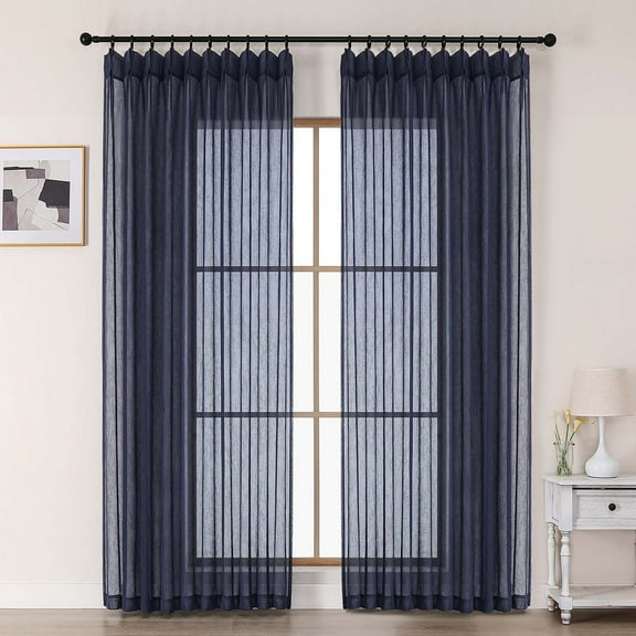 OVZME Crushed Navy Sheer Curtains 84inches Long 2 Panels,Extra Wide Light Filtering Pinch Pleated Sheer Drapes for Living Room, Bedroom,60"Wx84"L Navy Blue