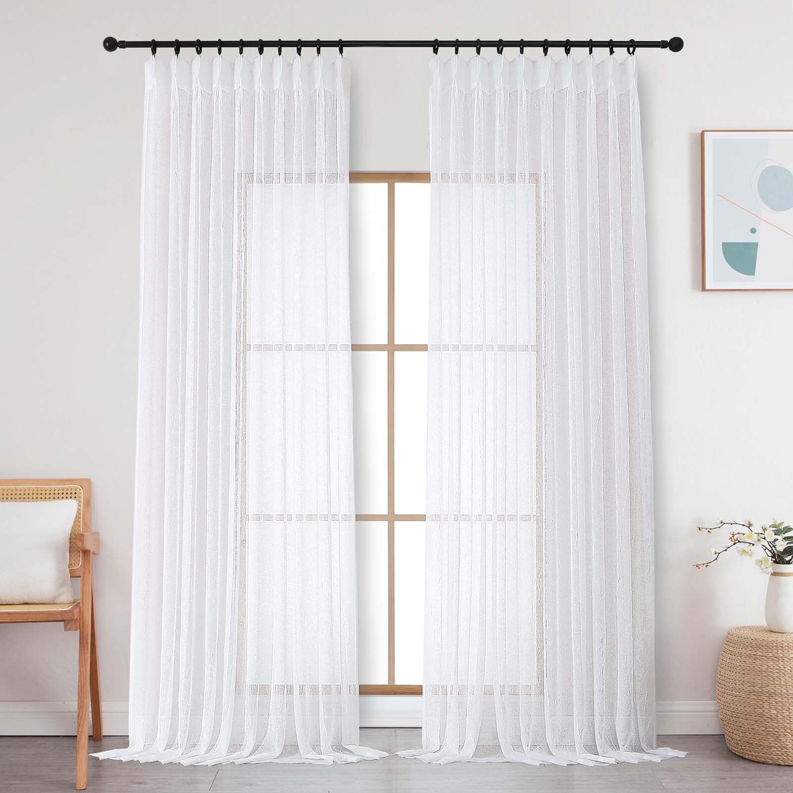 OVZME Crushed White Sheer Curtains 96inches Long 2 Panels,Extra Wide Light Filtering Pinch Pleated Sheer Drapes for Living Room, Bedroom,60"Wx96"L White