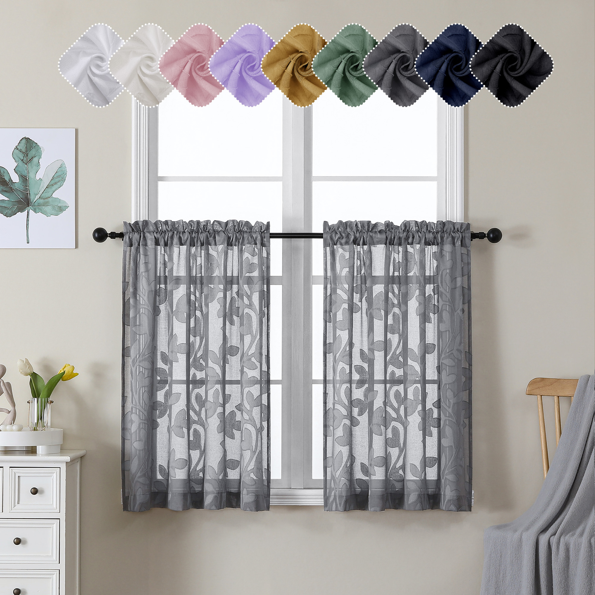 OVZME Darla Sheer Curtains Tiers 36 Inch Length 2 Panels Set, Soft Lightweight Jacquard Short Cortinas for Bedroom Living Room, Charcoal Grey Window Drapes with Rod Pocket, Each 42Wx36L Inch