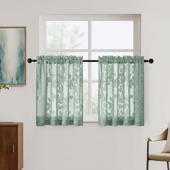 OVZME Darla Sage Green 2PCS Small Sheer Curtains 24Inch Length, Light Filtering Leaf Tufted Textured Kitchen Curtain Tiers, Short Window Curtains for Bathroom Basement 30x24 Inches, Sage Green
