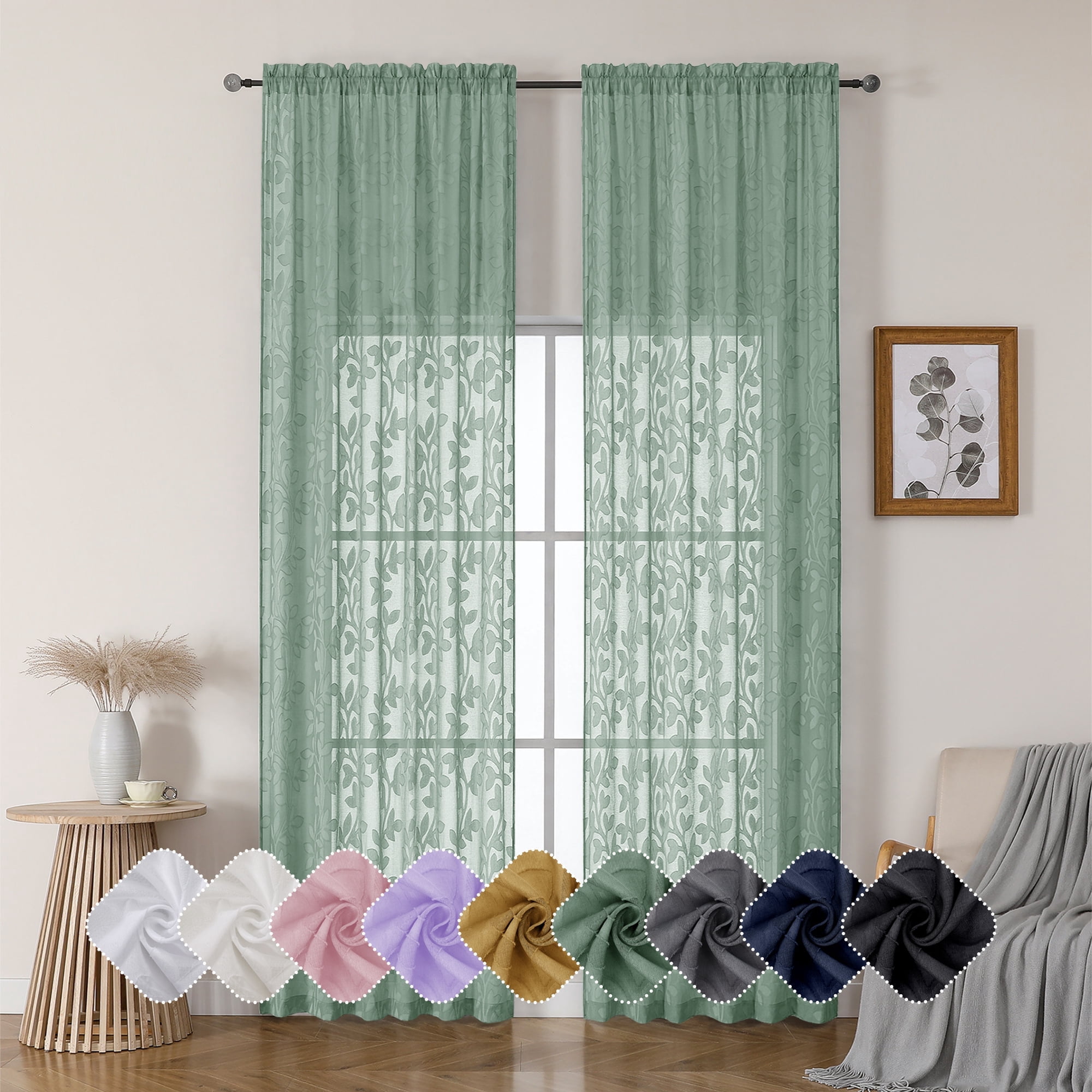 OVZME Darla Sage Green Sheer Curtains, 2 Panels Set 52x120 Inch, Light Filtering Soft & Breathable, Jacquard Farmhouse Textured Window Drapes for Living Room,52Wx120L Inch, Sage Green