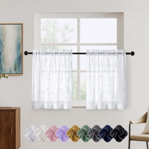 OVZME Darla 2PCS White Sheer Curtains 24Inch Length, Light Filtering Leaf Tufted Textured Kitchen Curtain Tiers, Small Short Window Curtains for Bathroom Basement 30x24 Inches, White