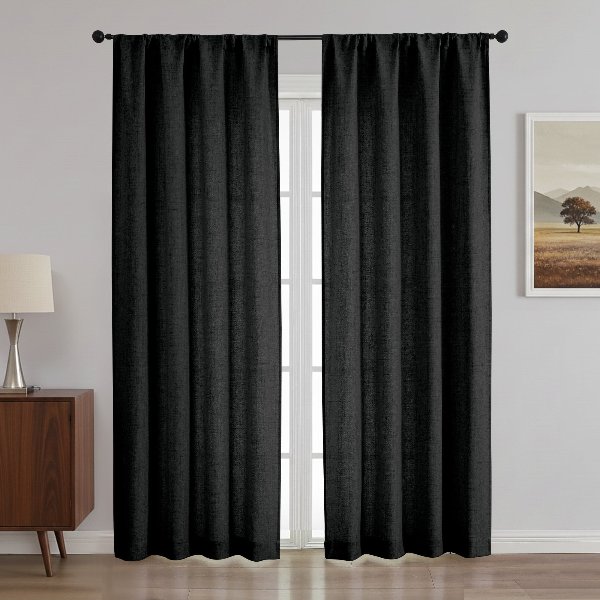 OVZME Judy Black Curtains 84 Inches Long 2 Panels, Light Filtering Faux Linen Textured Window Curtains for Living Room, Soft Airy Farmhouse Bedroom Curtain, Each 42Wx84L, Black