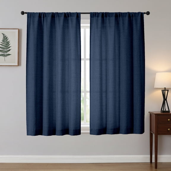 OVZME Judy Navy Blue Curtains 54 Inches Long 2 Panels, Farmhouse Rod Pocket Small Curtains, Light Filtering Faux Linen Textured Drapes for Bedroom, Each 42Wx54L, Navy Blue