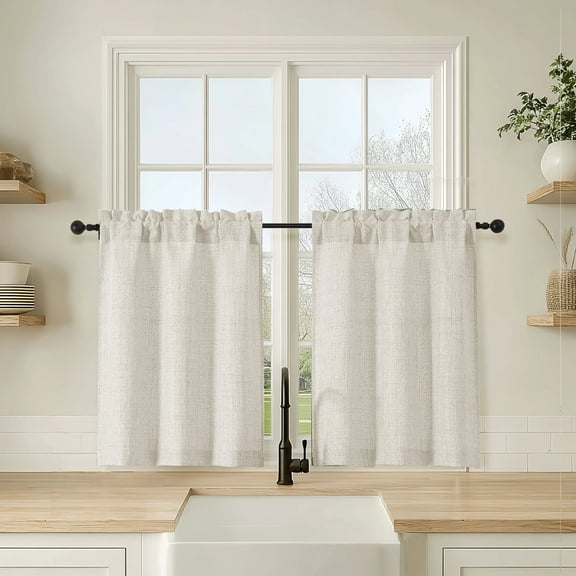 OVZME Judy Natural Cafe Curtains 30 Inch Length, Light Filtering Faux Linen Small Curtain Over Sink, Neutral Half Window Curtains for Cabinet Bathroom Basement RV Camper, 30Wx30L Inch, 2PCS