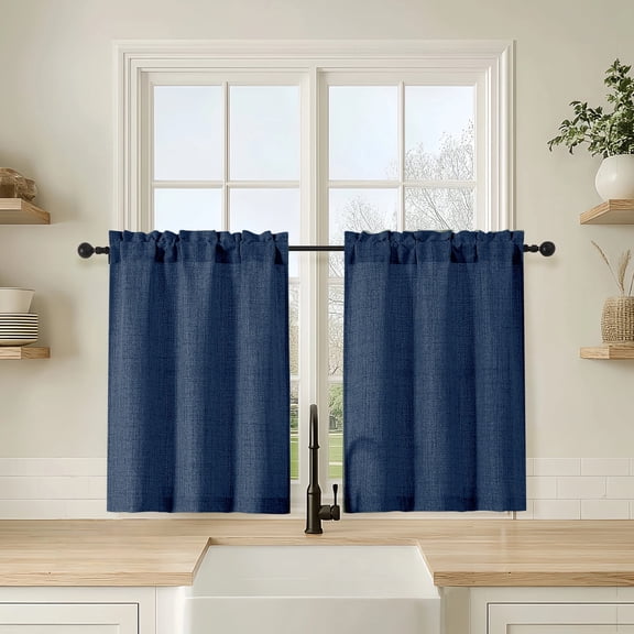 OVZME Judy Navy Cafe Curtains 30 Inch Length, Light Filtering Faux Linen Textured Small Curtain Over Sink, Half Window Curtains for Cabinet Bathroom Basement RV Camper, 30Wx30L Inch, 2PCS