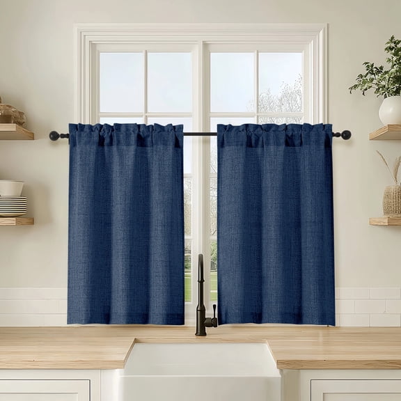 OVZME Judy 2 Panels Navy Cafe Curtains 36 Inch Length, Thick Textured Small Kitchen Curtains Over Sink, Short Tiers for Bathroom Basement Cabinet RV Camper, 30x36 Inch, 2PCS