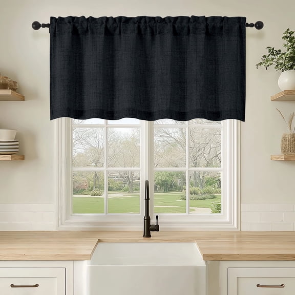 OVZME Judy Black Kitchen Valance Curtain, Light Filtering Thick Textured Short Curtain with Dual Rod Pocket for Bathroom & Basement Windows, 1 Panel 60 x 22 Inches