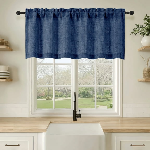 OVZME Judy Navy Blue Cafe Valance, Farmhouse Style Light Filtering Textured Faux Linen with Dual Rod Pocket for Kitchen Bathroom & Basement, 1 Panel,60Wx20Linches