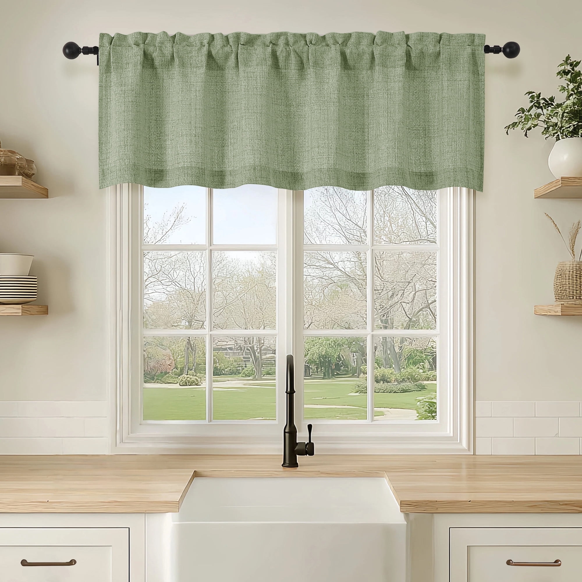 OVZME Judy Sage Green Valance Curtain, Light Filtering Textured Faux