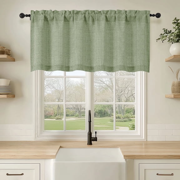OVZME Judy Sage Green Kitchen Valance Curtain, Light Filtering Thick Textured Short Curtain with Dual Rod Pocket for Bathroom & Basement Windows, 1 Panel 60 x 22 Inches