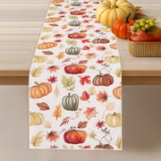 OVZME Joyce Fall Leaves Table Runner for Kitchen Dining Table, Thanksgiving Autumn Printed Harvest Pumpkins Maple Leaves for Halloween Holiday Home Decorations, Water-Proof, Washable, 13" W x 36" L